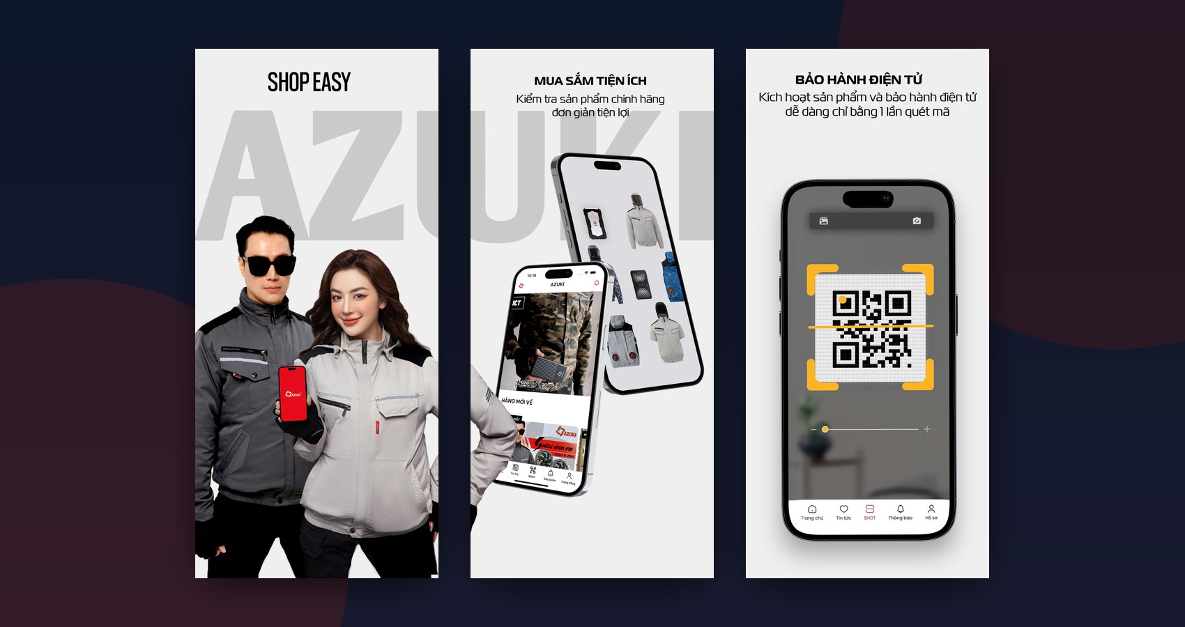 AZUKI app screens — shopping the smart-apparel catalogue, authentic product check, and e-warranty activation by QR scan
