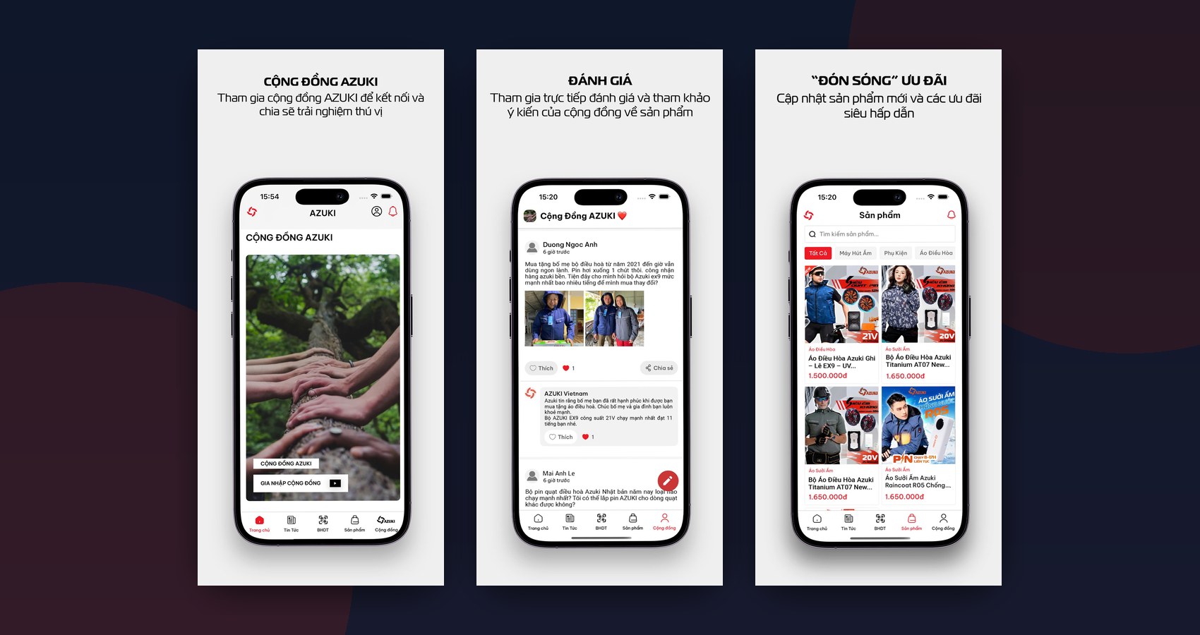 AZUKI app screens — product detail and technology explanation, comparison, and customer support