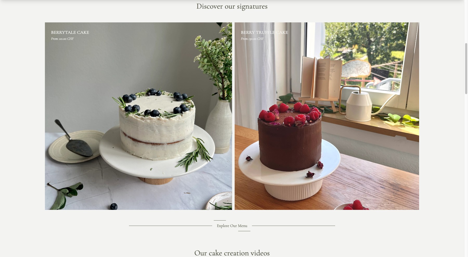 Cakery 19 signature cakes — Berrytale, Berry Truffle and Mango Lush — presented in an appetite-led online shop