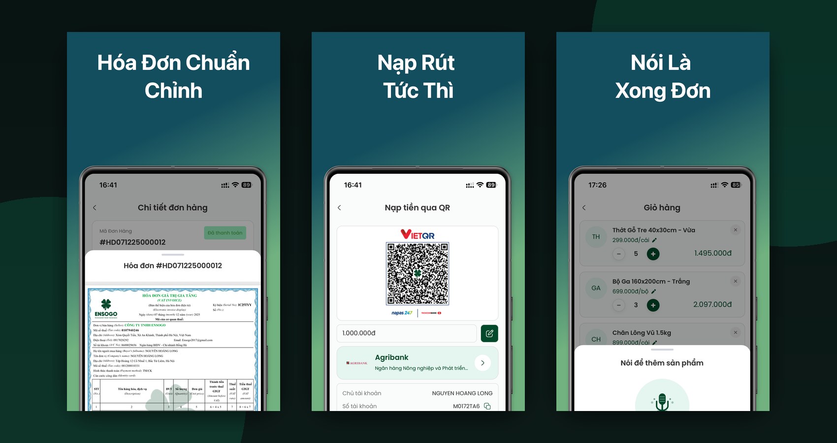 Ensogo ESGT app screens — merchant e-wallet, VietQR payments, and real-time revenue analytics