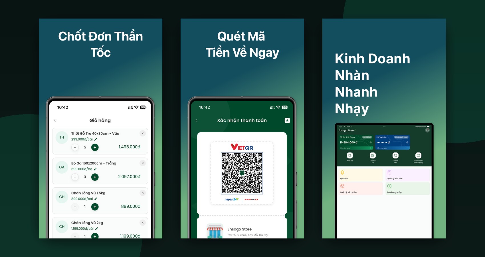 Ensogo ESGT app screens — AI voice order creation, invoice management, and secure transaction detail