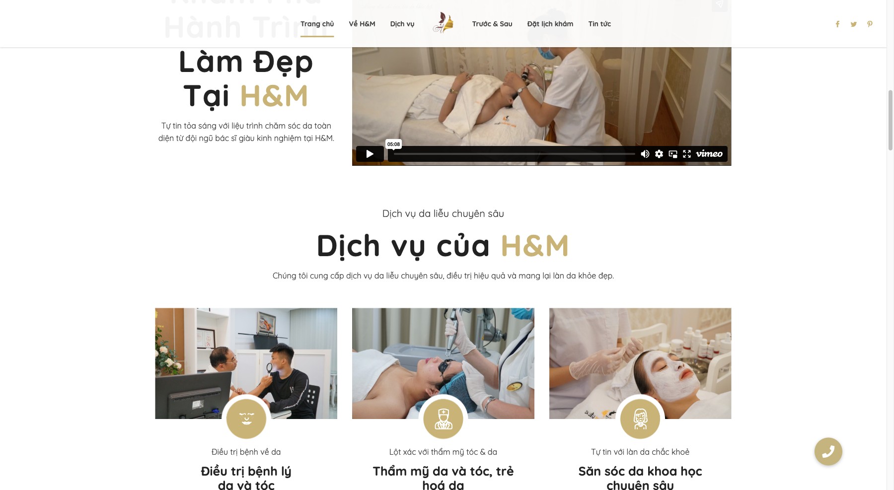 H&M Dermatology & Aesthetics website — treatment service catalog across dermatology, aesthetics, skincare, consultation and training