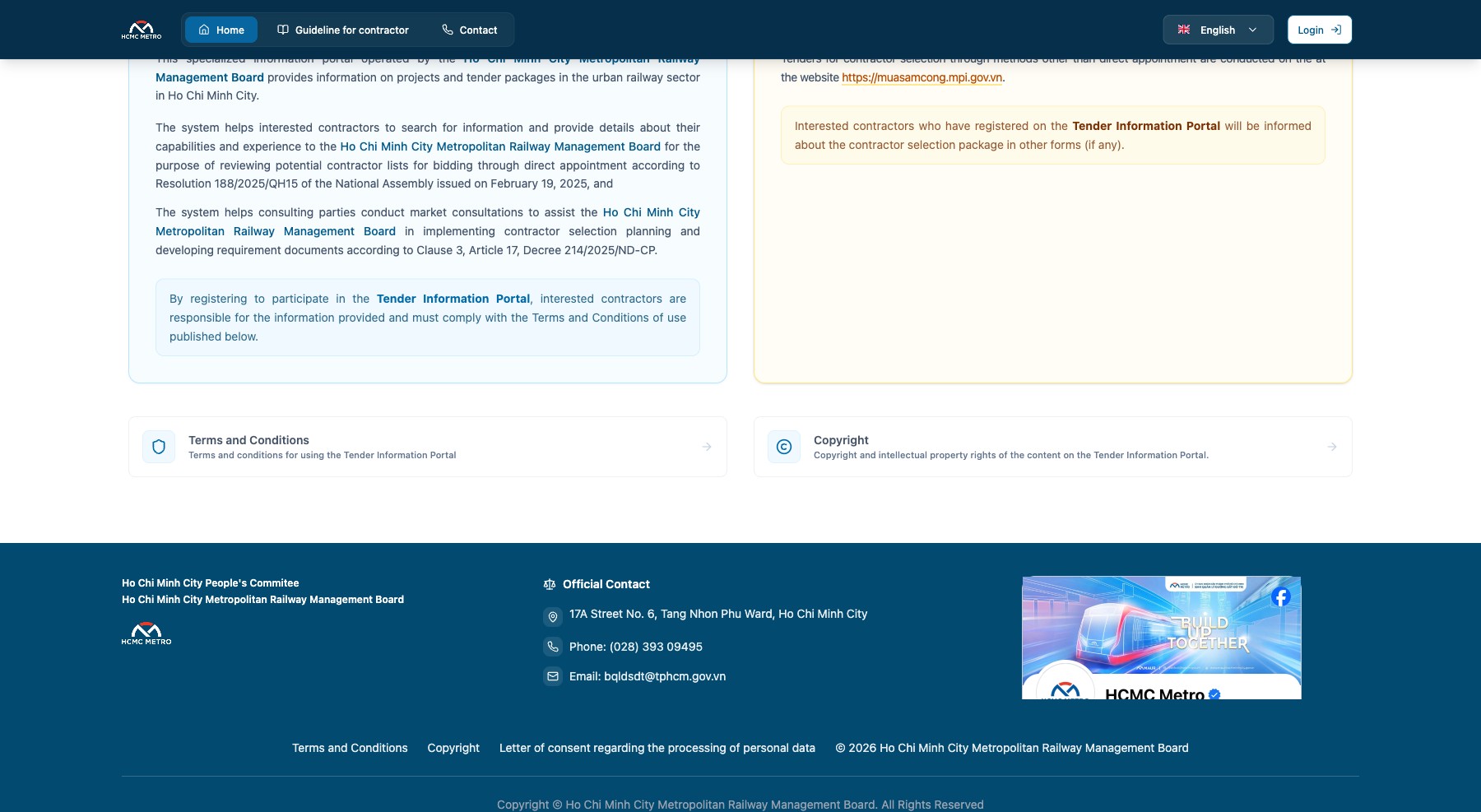 MAUR tender information portal — project and tender-package information for Ho Chi Minh City's urban railway, with legal basis and national e-procurement system reference